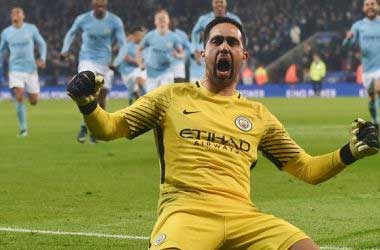 Claudio Bravo celebrates penalty save against Leicester in EFL Cup: December 20th 2017