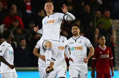 Alfie Mawson celebrates goal against Liverpool FC: January 22nd 2018