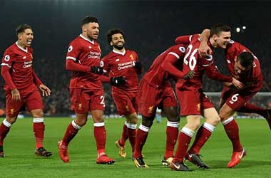 Liverpool players celebrate Sado Mane's goal against Man City: January 14th 2018