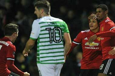 Marcus Rashford celebrates opening goal with Alexis Sánchez & Ander Herrera in FA Cup 4th Round 2018 