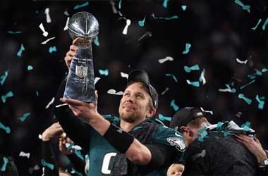 Nick Foles lifts the Vince Lombardi Trophy at Super Bowl LII