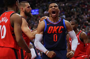 Russell Westbrook celebrates-scoring against Toronto Raptors: March 18th 2018