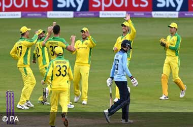 Australia celebrate taking Joe Root during ODI Series 2020