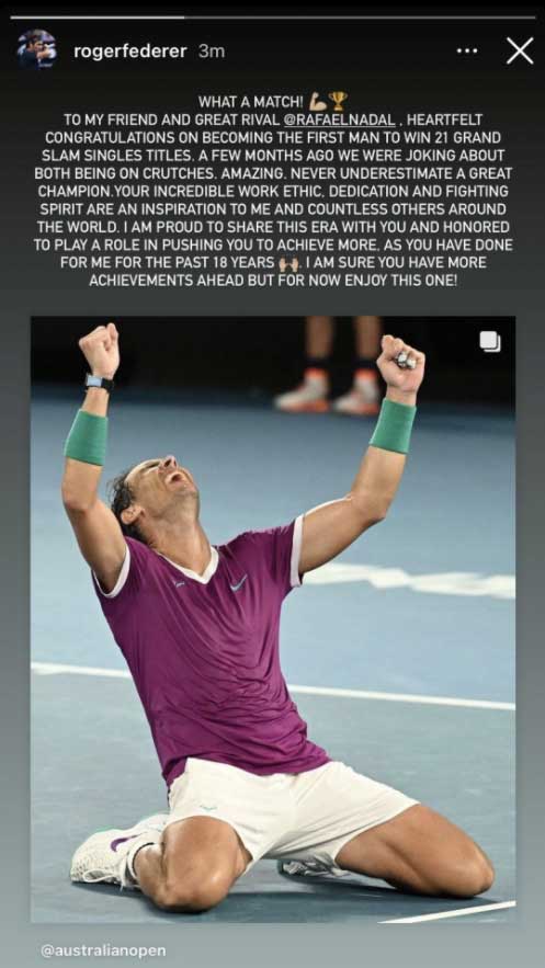 Roger Federer Instagram Post Congratulating Rafael Nadal for 21st Grand Slam Title