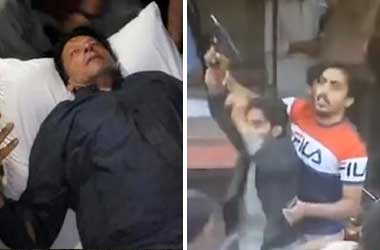 Imran Khan after being shot by wanted suspect in assassination attempt