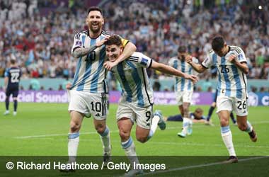 Julián Álvarez celebrates scoring with Lionel Messi against Croatia in Semi-Final at Qatar 2022