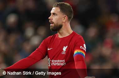 Jordan Henderson wearing a rainbow themed captain's armband for Liverpool FC