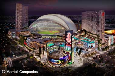 Rendering of Athletics New Las Vegas Baseball Stadium with Bally Corp's Entertainment District